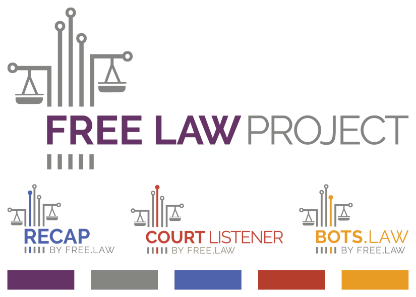 The new logo. It shows five vertical lines next to each other. The top end of each line is an open circle, representing a computer node. The left and right-most lines are bent 90° to the sides at slightly different points, and the scales of justice are hanging from them. Under the image in purple color are the words Free Law Project. Below all that are logos for RECAP, CourtListener, and Bots.law. Each is a variation of the first image in which the word has been replaced, and one of the nodes is colored in blue, red, or yellow. Finally, at the bottom of the image are color swatches for each of the logos.